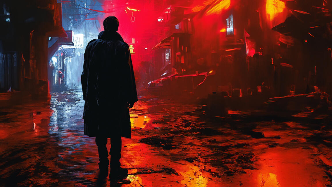 Man in street Man in dark street, distopia